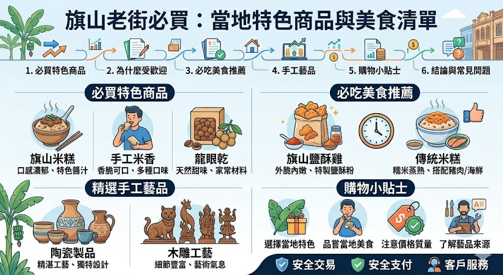 如果你計劃前往高雄的旗山老街，這裡不僅有豐富的歷史文化，還擁有眾多讓人心動的必買商品。從當地手工藝品到特色美食，旗山老街必買清單中有很多你不容錯過的商品。不管是鹽酥雞、米糕還是手工陶藝、乾貨等，這些具有地方特色的商品都能成為你旅途中的珍貴紀念品。無論是自用還是送禮，旗山老街的商品絕對能讓你滿載而歸。